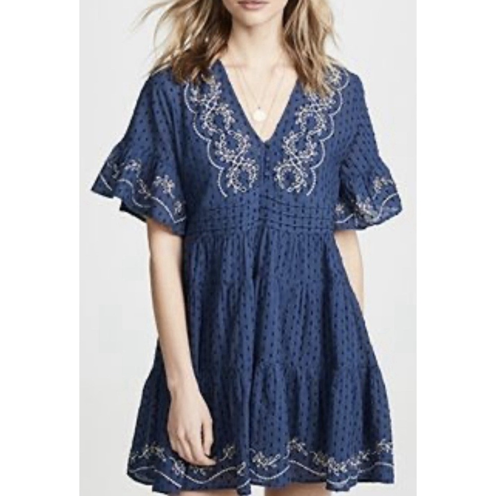 Rahi Anthropologie Blue Embroidered Puff Sleeve Mini Dress XS Cotton Short‎